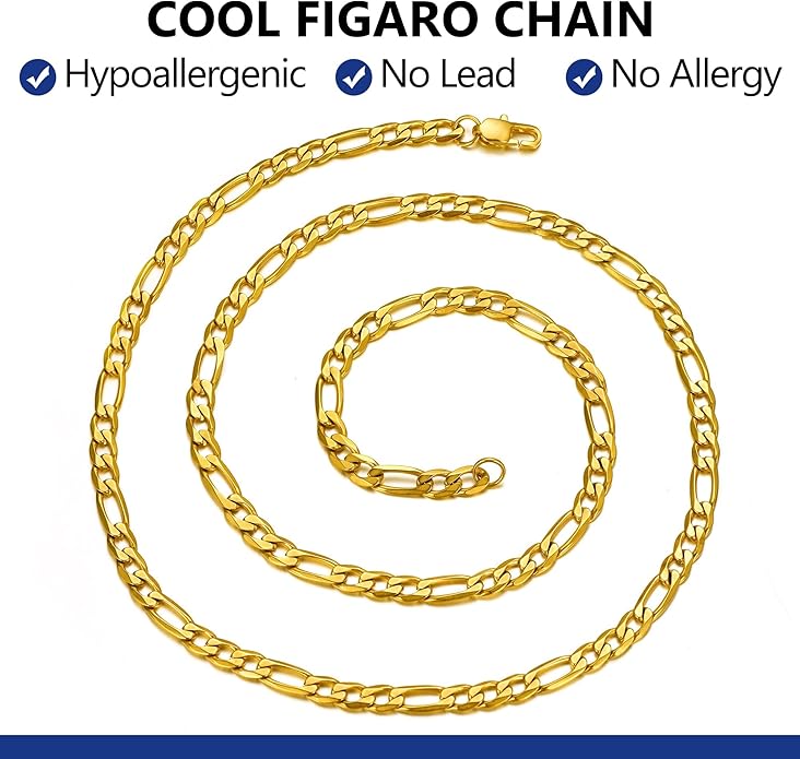 PROSTEEL 316L Stainless Steel Figaro Cuban Chain Necklace for Men, Black/18K Real Gold Plated, 4/5/6/7.5/9/10/13mm, 14inch-30inch, Come with Box