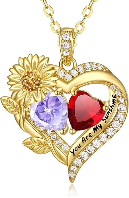 Sunflower Heart Necklace for Women 14K Gold Exquisite Anniversary Birthday Gifts for Wife Mother Her Double Birthstone Pendant jewelry‘You Are My Sunshine’