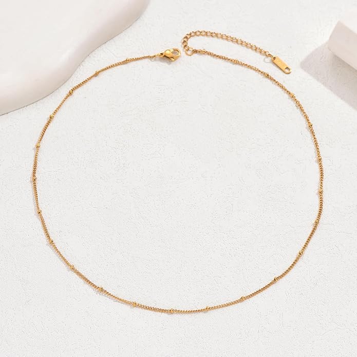 Dainty Chain Necklace for Women, 18K Gold Plated Coin Disc Choker Necklaces Simple Satellite Beaded Twisted Thin Paper Clip Chain Everyday Jewelry Gifts