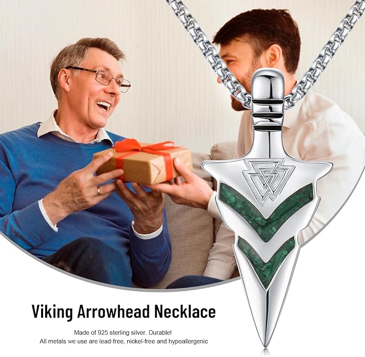 Suiknsn Arrowhead Necklace for Men Women 925 Sterling Silver Turquoise Malachite Celtic/Eye of Horus/Viking Arrow Pendant Amulet Jewelry Gifts Native American Necklace
