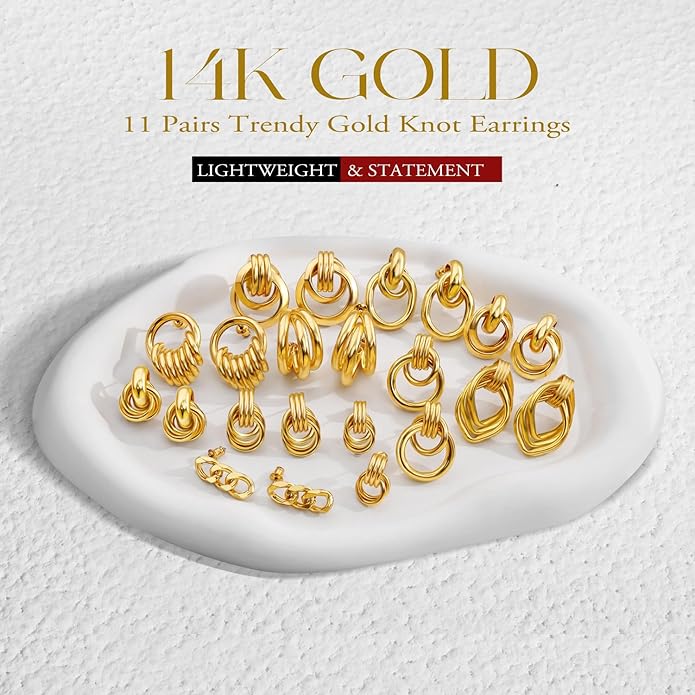 11 Pairs Trendy Gold Knot Earrings for Women Chunky Statement Long Link Drop Dangle Earrings Fashion Lightweight Hypoallergenic Jewelry Set
