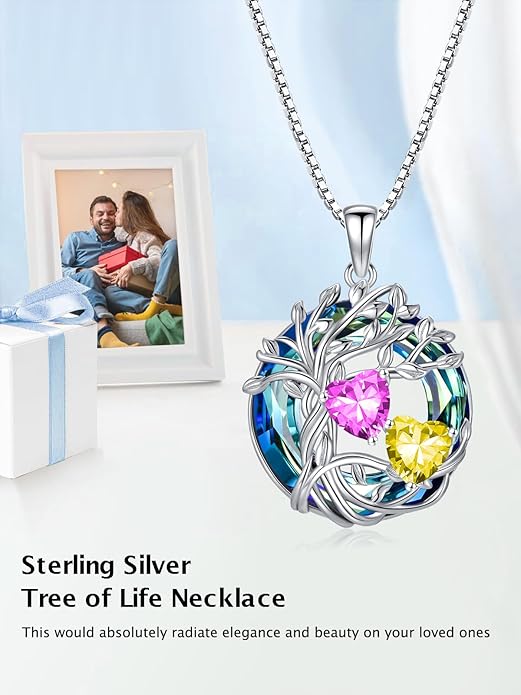 TOUPOP s925 Sterling Silver Family Celtic Tree of Life Pendant Necklaces with 2 Heart Birthstone with Blue Austrian Crystal Jewelry Birthday Anniversary Christmas Gifts for Her Wife Girlfriend Mom (18K Real White Gold Filled)