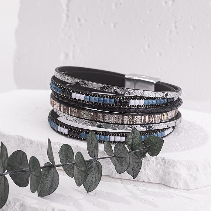 FANCY SHINY Boho Leather Wrap Bracelets Trendy Layered Bracelets with Magnetic Clasp Strackable Bohemian Jewelry Gifts for Women