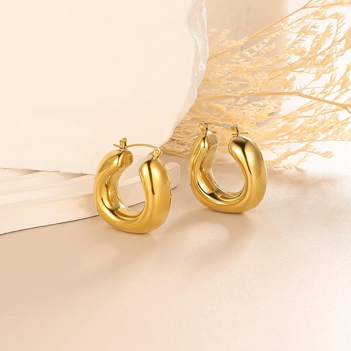 8YEARS Chunky Gold Hoop Earring for Women, 18K Gold Plated Lightweight Thick Hoops, Hypoallergenic Trendy Jewelry for Gift