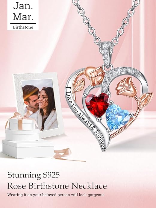 Zeuslia Double Birthstone Necklace Gifts for Wife - 925 Sterling Silver Sunflower/Rose/Crown Cross/Compass/Heart Pendant I Love You Necklace, Anniversary Birthday Gifts for Wife Girlfriend Mom Her