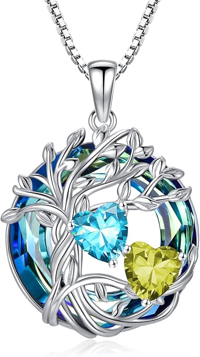 TOUPOP s925 Sterling Silver Family Celtic Tree of Life Pendant Necklaces with 2 Heart Birthstone with Blue Austrian Crystal Jewelry Birthday Anniversary Christmas Gifts for Her Wife Girlfriend Mom (18K Real White Gold Filled)