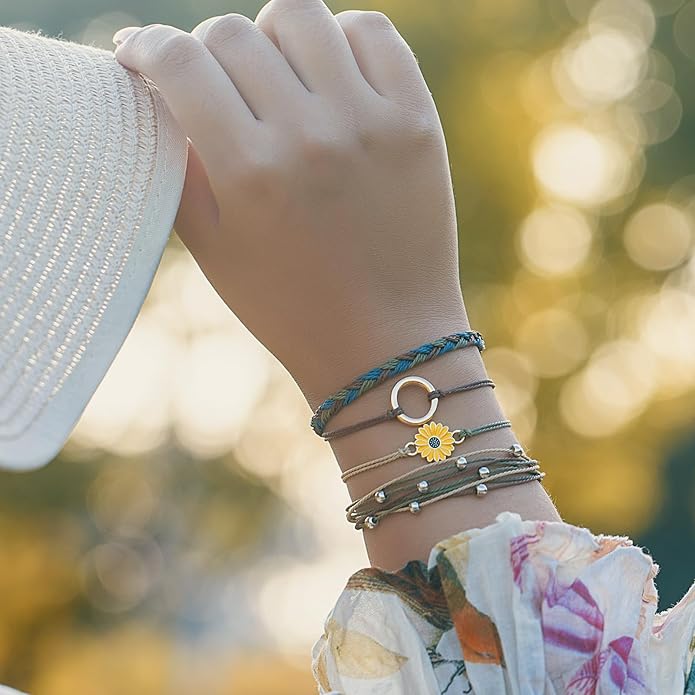 FANCY SHINY Sunflower String Bracelet Boho Braided Rope Wrap Bracelets Cute Summer Beach Surfer Jewelry for Women