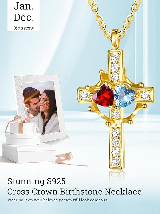 Zeuslia Double Birthstone Necklace Gifts for Wife - 925 Sterling Silver Sunflower/Rose/Crown Cross/Compass/Heart Pendant I Love You Necklace, Anniversary Birthday Gifts for Wife Girlfriend Mom Her