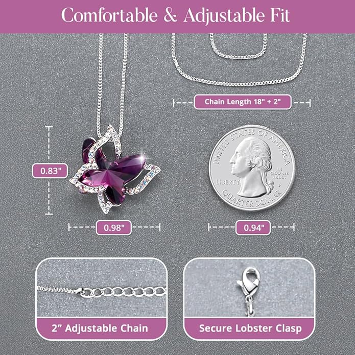 Gift Butterfly Birthstone Crystal Necklace, Silver Tone with 18”+2” Chain, Necklace for Mother’s Day Anniversary Birthday Gifts for Women and Daughter