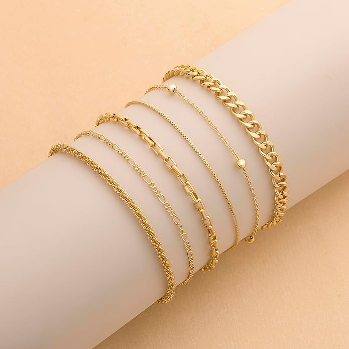 DEARMAY Waterproof Gold Plated Bracelets Set for Women Trendy, Dainty 14K Gold Jewelry Fashion Stackable Tennis Beaded Figaro Herringbone Paperclip Link Bracelet Pack Stack Gifts for Women