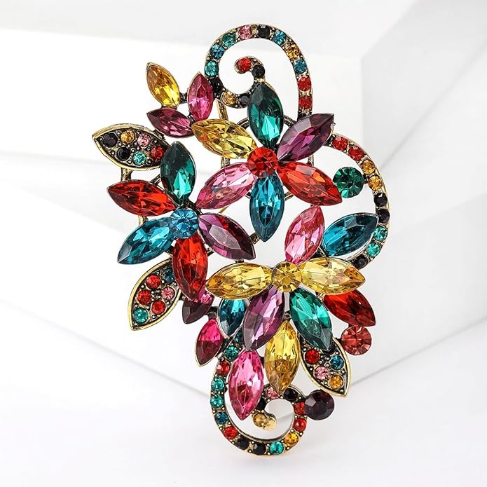 YOQUCOL Vintage Red Austrian Crystal Rhinestone Flower Shape Brooch Pin for Women