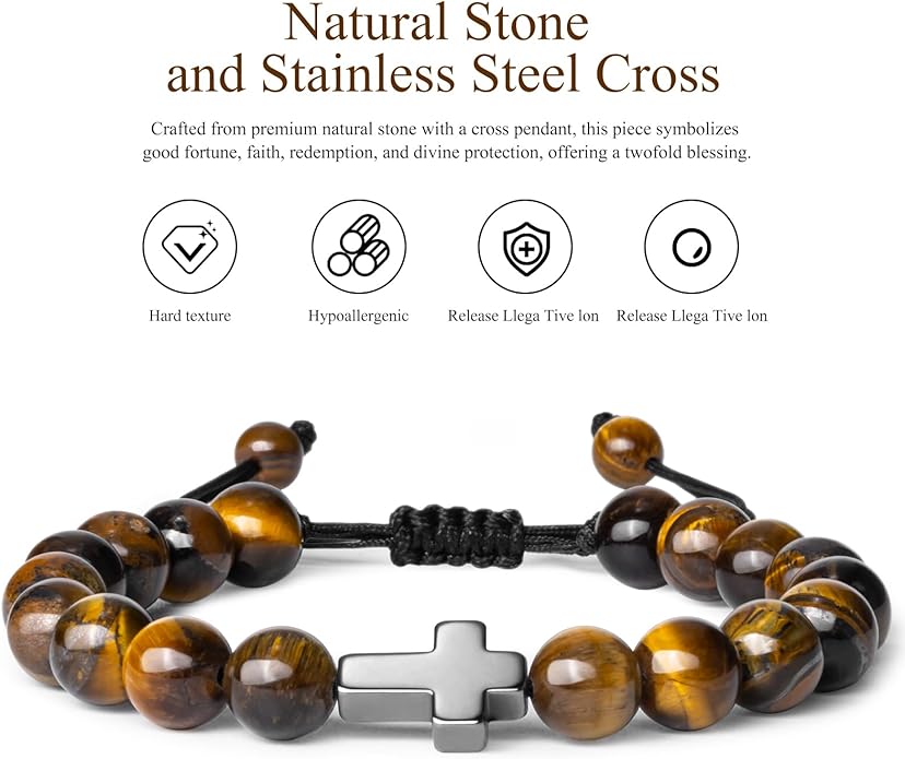 Romass 2Pcs Cross Bracelet for Men,Tiger Eye Beaded Bracelets 8MM Natural Stone Adjustable Jewelry Christian Easter Christmas Gifts Box