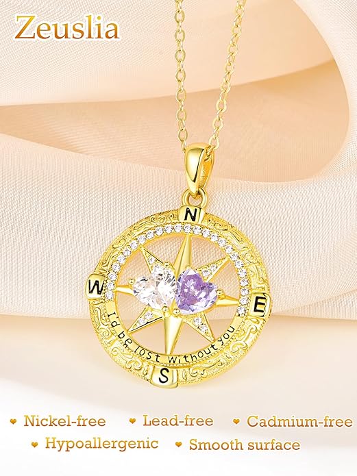 Zeuslia Double Birthstone Necklace Gifts for Wife - 925 Sterling Silver Sunflower/Rose/Crown Cross/Compass/Heart Pendant I Love You Necklace, Anniversary Birthday Gifts for Wife Girlfriend Mom Her