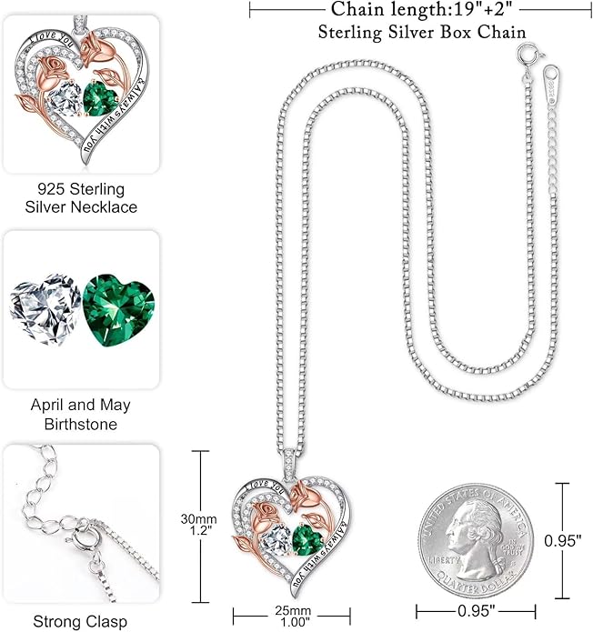 Iefil Birthstone Necklace for Women - 925 Sterling Silver Rose Heart Birthstone Necklace Birthday Anniversary Jewelry Gifts for Her Wife Mom Daughter