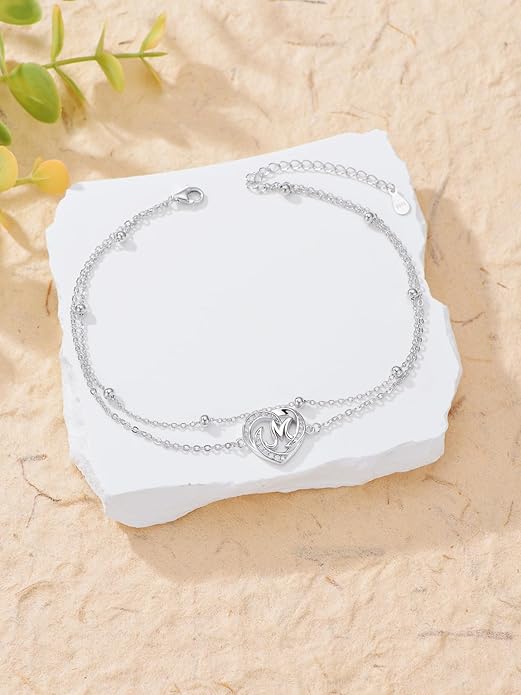 Dorunmo Initial Anklet 925 Sterling Silver Letter A-Z Layered Heart Anklet Beach Jewelry Birthday Gifts for Women