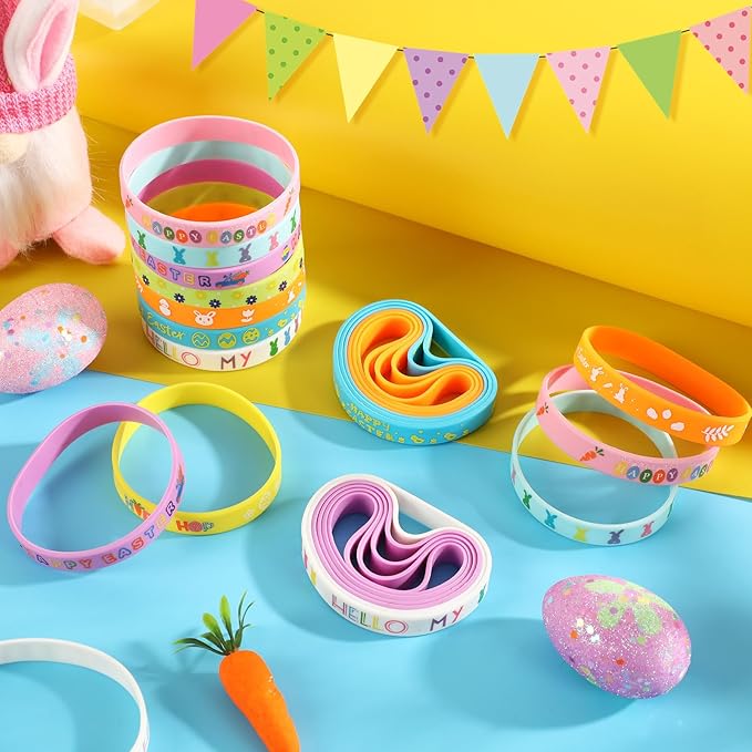 JUNEBRUSHS 64pcs Easter Party Favors Silicone Bracelets Bunny Egg Carrot Flowers Cross Rubber Wristbands for Easter Egg Fillers Gifts Basket Stuffers Accessories Party Decorations(8 Designs)