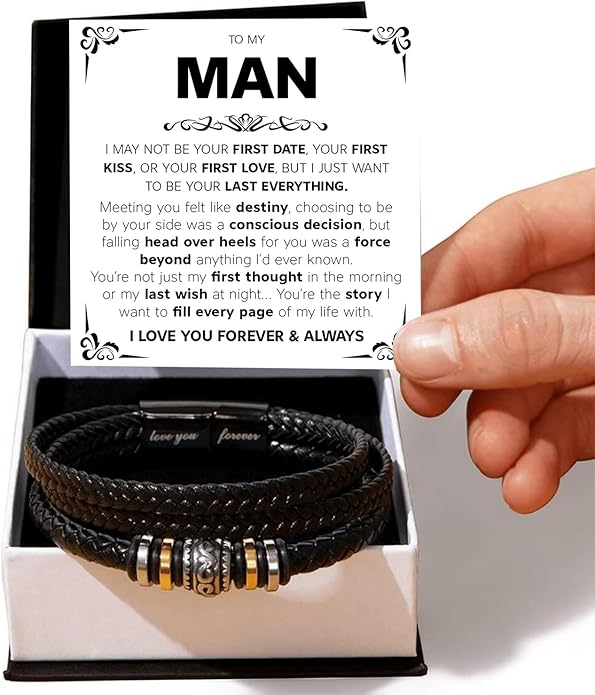 Mapileng To My Man – Braided Leather & Stainless Steel Bracelet with Heartfelt ‘Love You Forever’ - Elegant Gift Box Included, Gift from Girlfriend or Wife for Husband, Boyfriend, or Brother