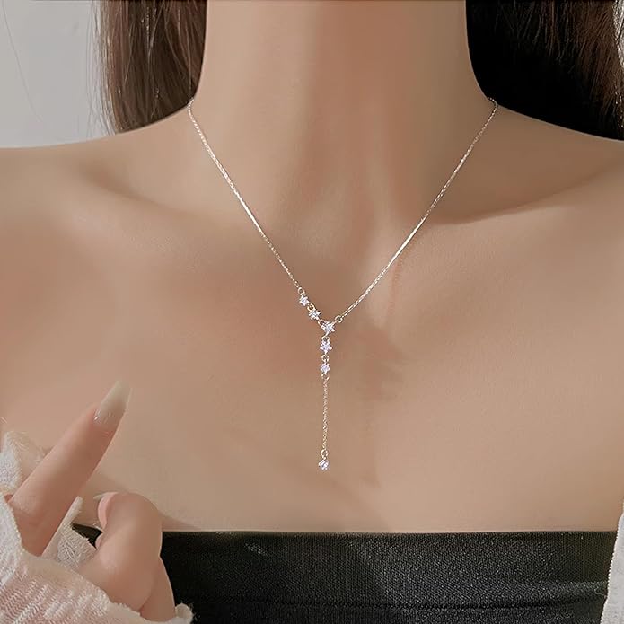Irregular Y2k Long Y-shaped Necklace with Zircon Inlaid Sparkling Brick Tassel Pendant Double-Layer Chain High-end Fashion Accessory Women's