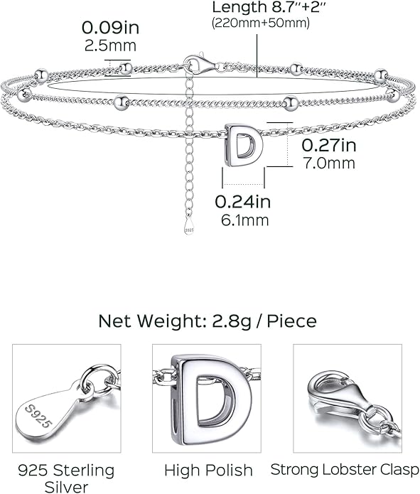 ChicSilver Ankle Bracelets for Women Waterproof, 925 Sterling Silver Initial Anklets for Women, Adjustable Dainty Layered Anklet Beach Jewelry for Women Mom Wife Friend