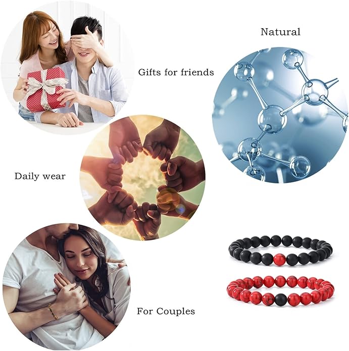 MengPa Mens Beaded Bracelets Couples Matching Bracelet Set Lava Rock Beads for Women Stone Jewelry