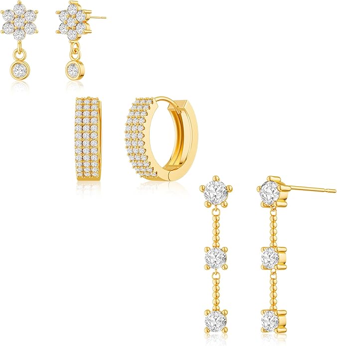 3 Pairs Earrings Set for Multiple Piercings, Gold Plated Studs Hoop Earrings Stack, CZ Dangle Earrings Set, Hypoallergenic for Sensitive Ears, Women's Gift