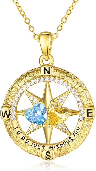 Zeuslia Double Birthstone Necklace Gifts for Wife - 925 Sterling Silver Sunflower/Rose/Crown Cross/Compass/Heart Pendant I Love You Necklace, Anniversary Birthday Gifts for Wife Girlfriend Mom Her