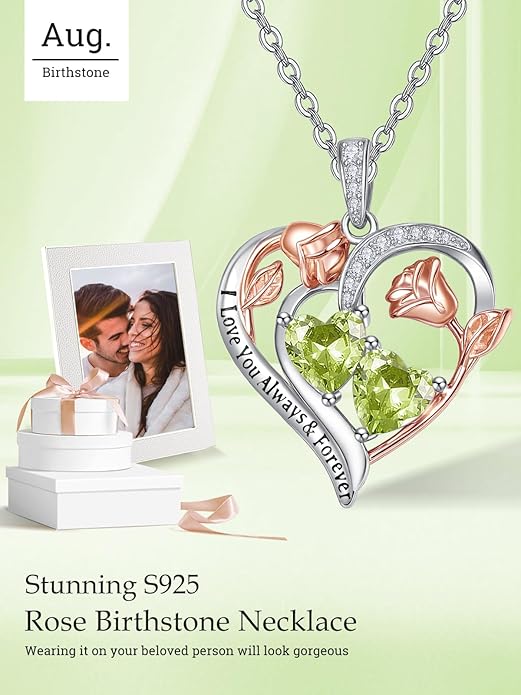 Zeuslia Double Birthstone Necklace Gifts for Wife - 925 Sterling Silver Sunflower/Rose/Crown Cross/Compass/Heart Pendant I Love You Necklace, Anniversary Birthday Gifts for Wife Girlfriend Mom Her