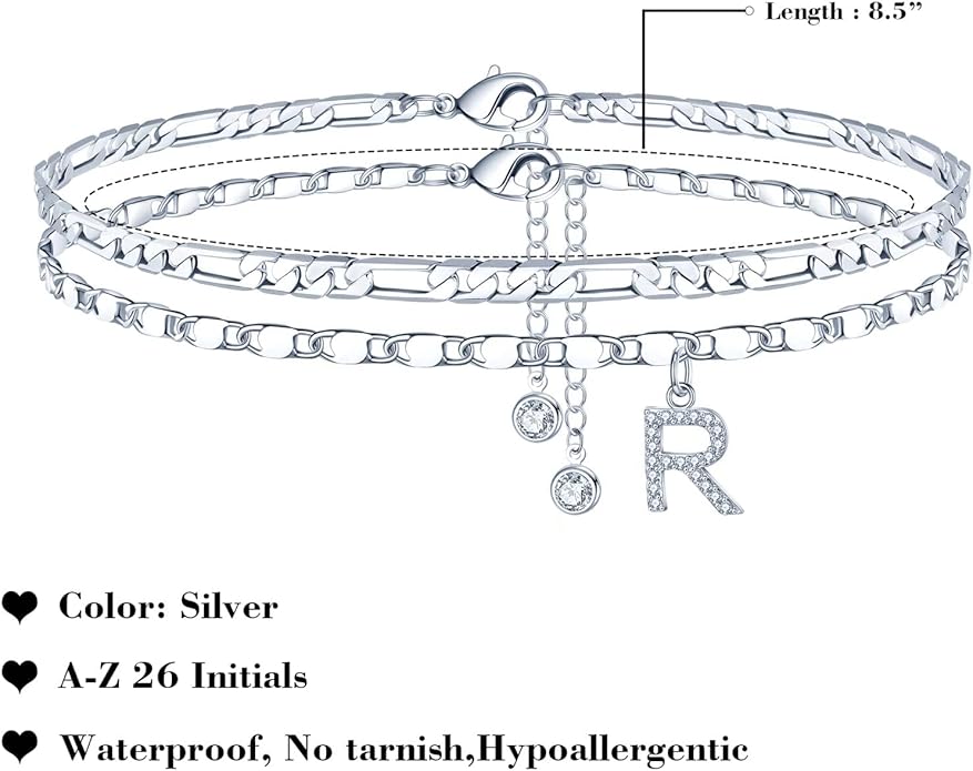 Ursteel Ankle Bracelets for Women, 14K-Gold-Plated Dainty Layered Chain CZ Initial Anklets Set Summer Jewelry Gifts for Women