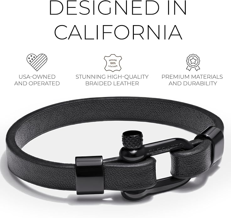 Elegatto Morelle Premium Leather Bracelet for Men | Full-Grain Black Leather with Silver Polished Stainless Steel Shackle Closure | Men’s Designer Jewelry