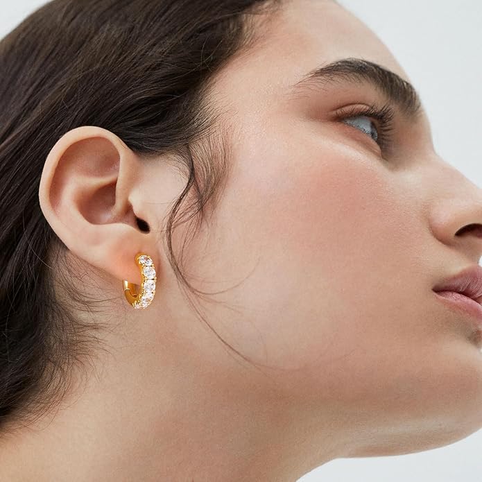 Gold Huggie Hoop Earrings 14K Gold Plated Dainty Chunky Thick Hoop Diamond Cubic Zriconia Inlay Sleeper Tiny Delicate Boho Beach Simple Hypoallergenic Jewelry Gift for Her