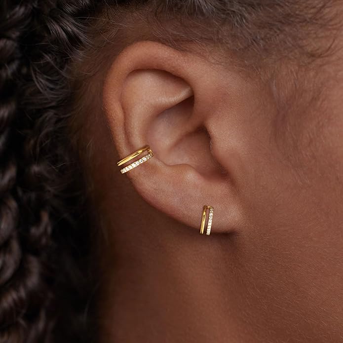 2 PCS Small Cartilage Double-Hoop Helix Conch Piercing Earrings With Cubic Zirconia For Women Trendy 14K Gold Plated Titanium Surgical Stainless Steel Sets Jewelry