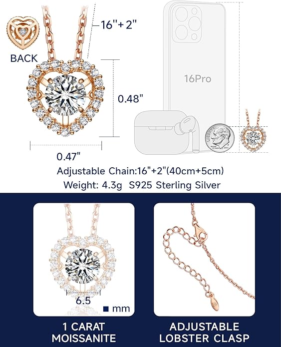 MomentWish Dancing Heart Necklace for Women, 0.5/1 Carat Dancing Moissanite Necklace for Her 925 Sterling Silver Pendant Anniversary Birthday Christmas Gift for Wife Mom Girlfriend