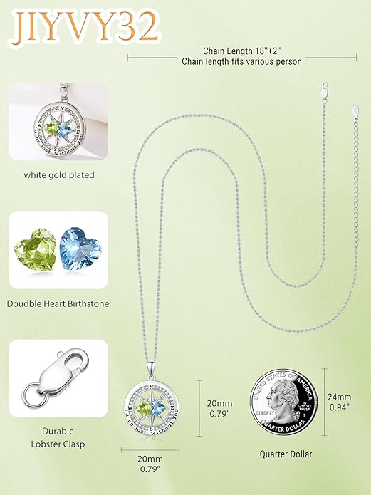 Compass Birthstones Necklace for Women, Exquisite Anniversary Birthday Gifts for Wife Her Double Birthstone Pendant jewelry ‘I'd be Lost Without You’