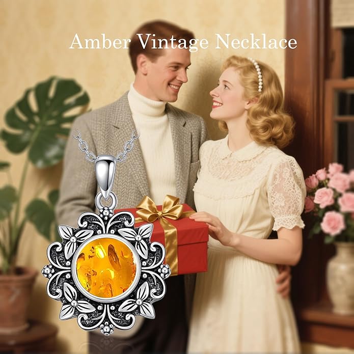 Amber Vintage Necklace Sterling Silver, Boho Jewelry for Women, Handmade Western Filigree Pendant, Unique Christmas Birthday Gift