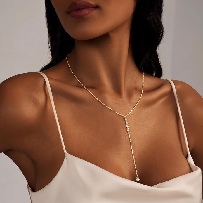Luxval Lariat Gold Necklace for Women, Dainty Long Necklace 14k Gold Plated/Silver Y-Shaped Pendant Necklaces Trendy Beaded Chain Drop Necklaces Jewelry for Women Gifts