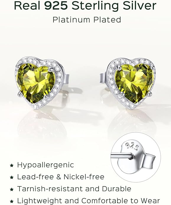ChicSilver 925 Sterling Silver Birthstone Earrings for Women, 8MM/2 Carat Heart & Round Cubic Zirconia Stud Earrings, Hypoallergenic Jewelry, Ideal Birthday or Christmas Gifts