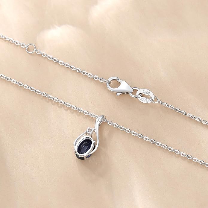 FANCIME 14K Solid White Gold Oval Gemstone Necklace with Diamond Pendant Gifts for Mom Women,16"+2" Inches