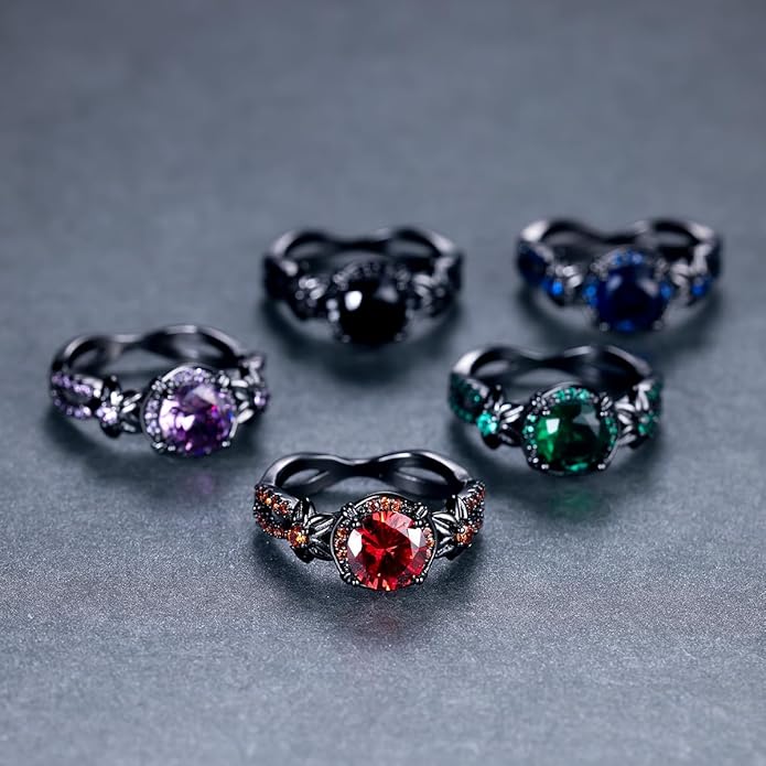 Gothic Black Rings for Women, Mystic Rainbow Topaz with Created Amethyst Flower Goth Black Gold Wedding Engagement Ring Size 6 to 11