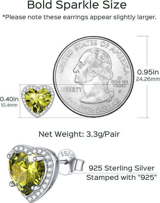 ChicSilver 925 Sterling Silver Birthstone Earrings for Women, 8MM/2 Carat Heart & Round Cubic Zirconia Stud Earrings, Hypoallergenic Jewelry, Ideal Birthday or Christmas Gifts