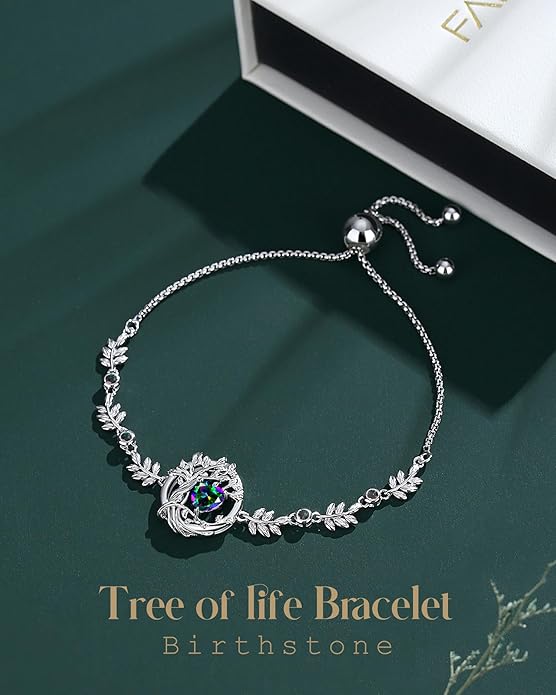 FANCIME Tree of life Birthstone Bracelet for Women Sterling Silver Tree Jewelry Birthstone Charm Bracelet Gemstone Anniversary Birthday Christmas Gifts for Wife Mom Her