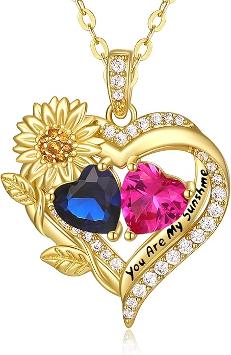Sunflower Heart Necklace for Women 14K Gold Exquisite Anniversary Birthday Gifts for Wife Mother Her Double Birthstone Pendant jewelry‘You Are My Sunshine’
