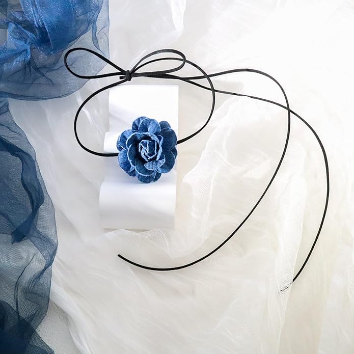 Black Choker Camellia Flower Lace-up Necklace For Women