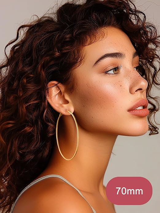 FOCALOOK 14K Gold Plated Lightweight Large Hoops| 2mm Thin Hoop Earrings for Women 30/40/50/70/100mm