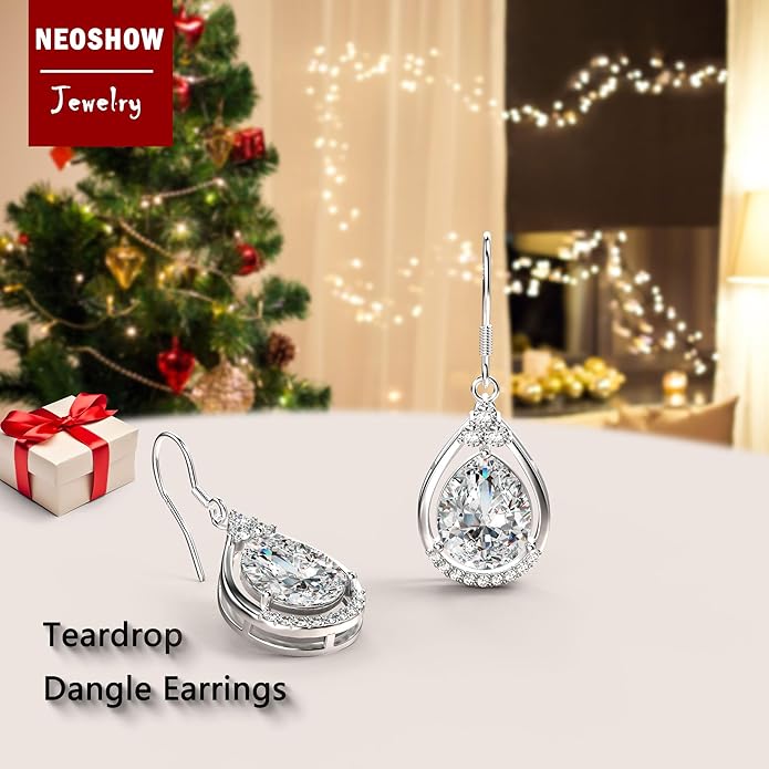 18K White Gold Plated Sterling Silver Teardrop Cubic Zirconia Drop Dangle Earrings for Women Pear Cut CZ Diamond Dangle Earrings Hypoallergenic Jewelry