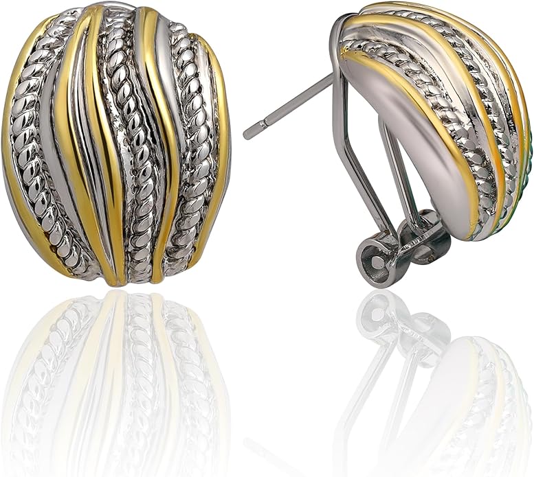 Two Tone Huggie Hoop Earrings Cross Over Design Twisted Rope Silver Gold Statement Wide Band Clip On Hoops for Women Fashion Jewelry Gift