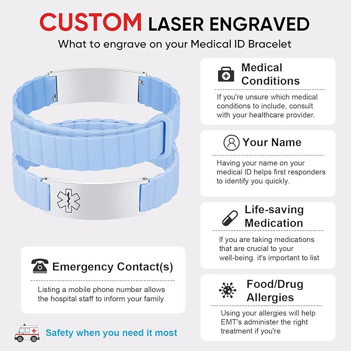 Comfortable Medical ID Bracelet for Men & Women - Custom Engraved Silicone Strap Comfort Fit Medical Alert Bracelets for Sports,Adjustable Waterproof Customizable Wristband for Diabetic