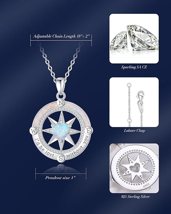 FANCIME Compass Necklace for Women Sterling Silver Compass Jewelry Opal Pendant Fine Jewelry Gemstone Birthday Mother's Day Gifts for Wife