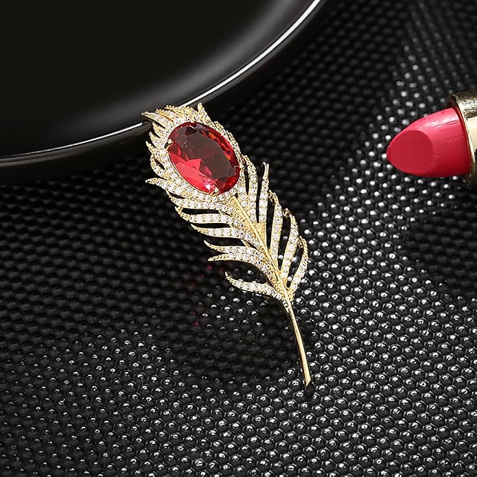 14K Gold Feather Brooch Pin with Moissanite Inlay - Elegant Coat and Suit Accessory for Women, Fashionable Business Attire Enhancement