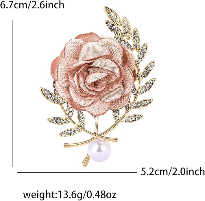 Dreuyet Rose Flower Brooch for Women Dainty Elegant Satin Fabric Flower Lapel Pins Vintage Pearl Camellia Crystal Pin Dress Suit Accessories Valentine's Day Wedding Bouquet Jewelry ﻿