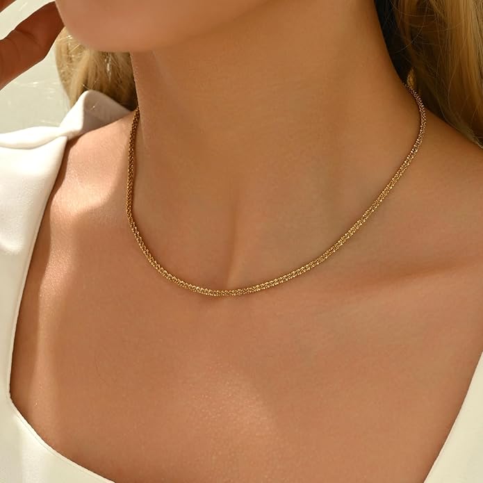 Dainty Chain Necklace for Women, 18K Gold Plated Coin Disc Choker Necklaces Simple Satellite Beaded Twisted Thin Paper Clip Chain Everyday Jewelry Gifts